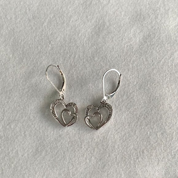 Womens Interlocking Twin Heart Design Diamond Silver Drop Earrings #925 - New - Picture 12 of 14